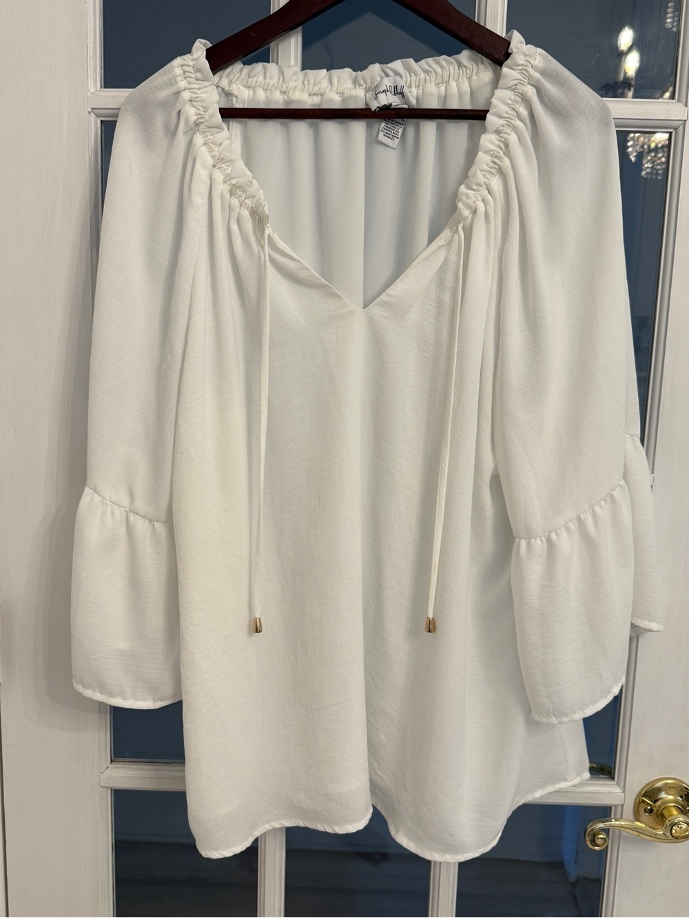 JOSEPH RIBKOFF Women's White Ruffle Collar V-Neck Bell Sleeve Blouse Size 14